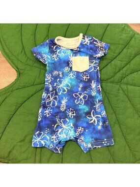 Coco Moon Hawaii 0-6M Blue Pacific Hues Floral Pineapple Bamboo Shortie Romper